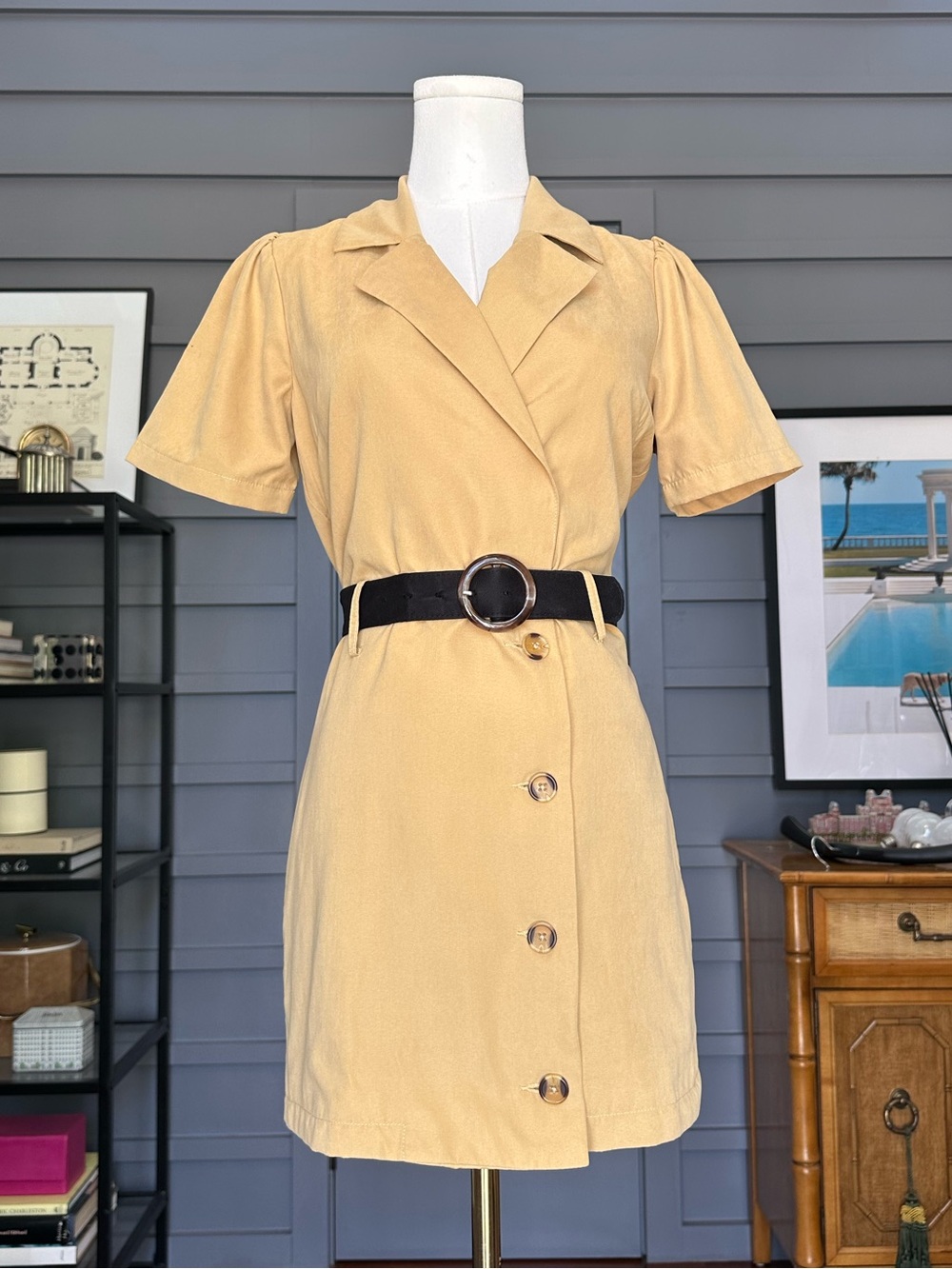 Lani The Label Tan Collared Trench Mini Shirt Dress w/ Black Tortoise Belt XS